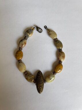 Handcrafted Natural Crazy Lace Agate Stone Bead Bracelet with Ornate Accent